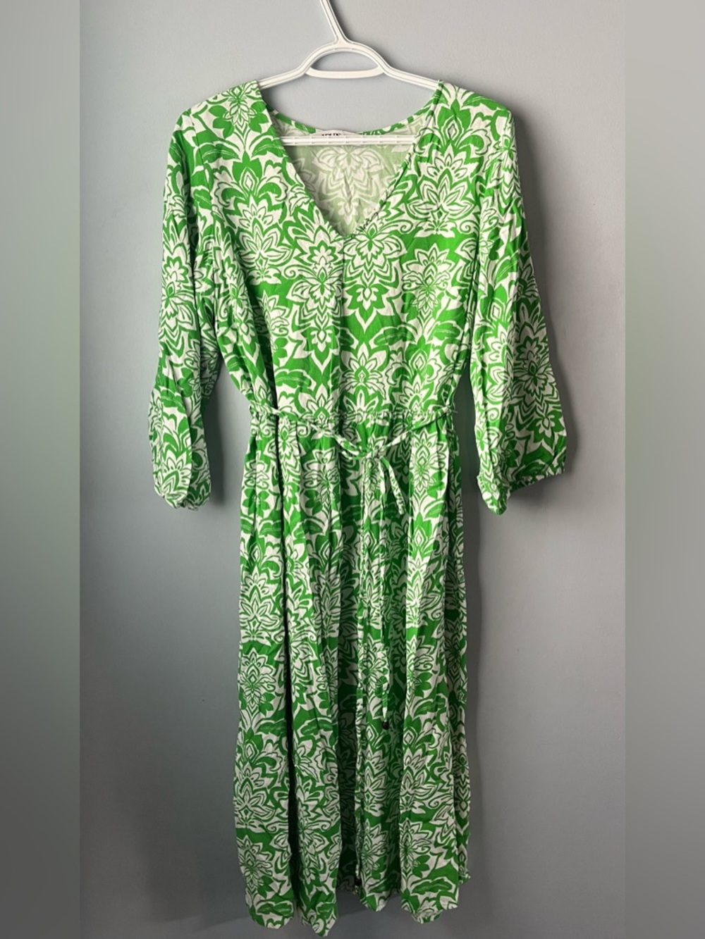 Yours Green & White Floral V-Neck 3/4 Sleeve Flowy Midi Dress Tie Belt Size 14